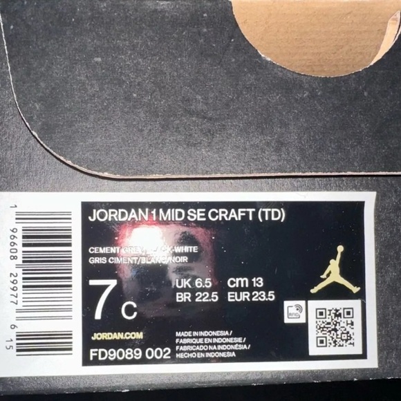 Air JORDAN AJ1 MID SE CRAFT CEMENT BLACK WHITE FD9089-002 - Size 7C - Picture 7 of 7